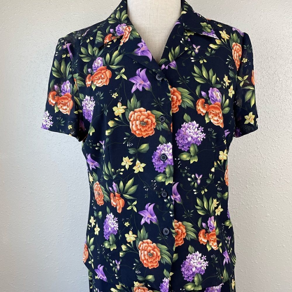 Leslie Faye Sportswear Button Down Floral Blouse & Matching Skirt Size 10 EUC